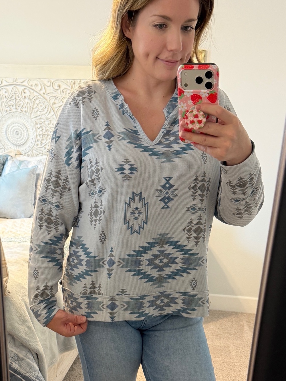 Lucky Brand Light Blue & Slate Aztec V-Neck Sweater